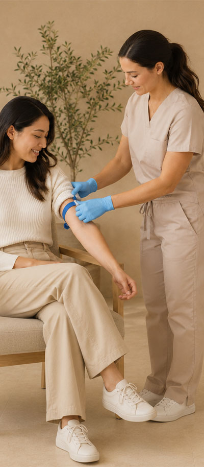 Clinician placing a tourniquet on a seated patient before a blood draw