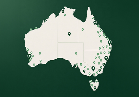 Illustrated map of Australia with green pathology collection centre pins