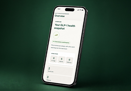 Phone showing the Levitas GLP-1 health dashboard on a dark green background