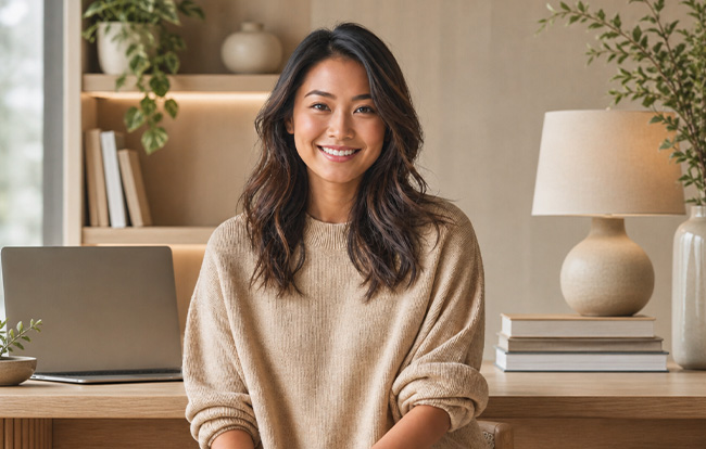 Smiling woman sitting at a desk in a warm home office
